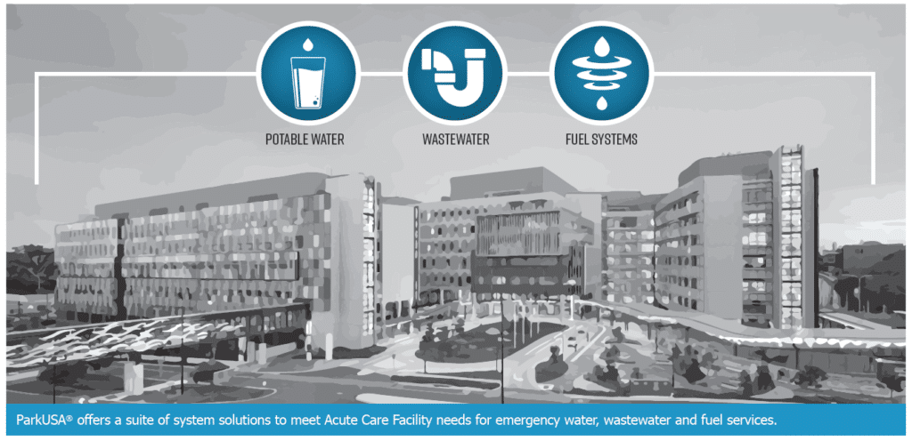 ParkUSA offers a suite of system solutions to meet Acute Care Facility needs for emergency water, wastewater and fuel services.