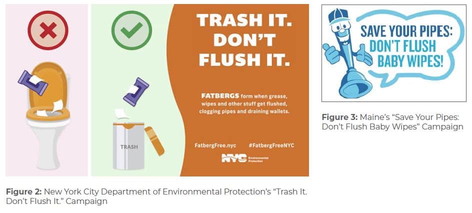 Figure 2: New York City Department of Environmental Protection's 'Trash It. Don't Flush It.' Campaign. Figure 3: Maine's 'Save Your Pipes: Don't Flush Baby Wipes' Campaign